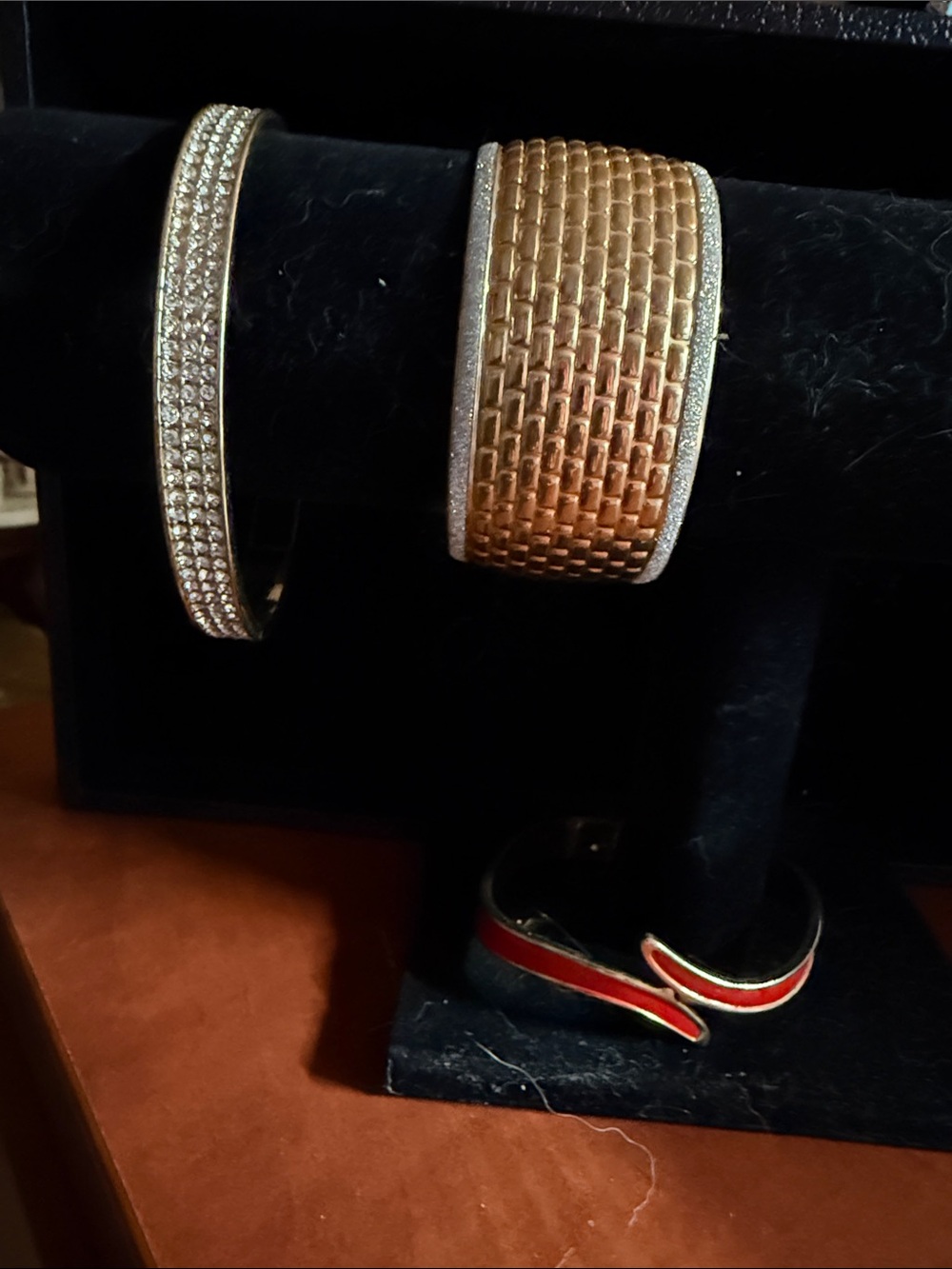 3 Bracelet set-Gold-Tone Woven Cuff, Sparkly Bangle, Red/Gold hinge bracelet